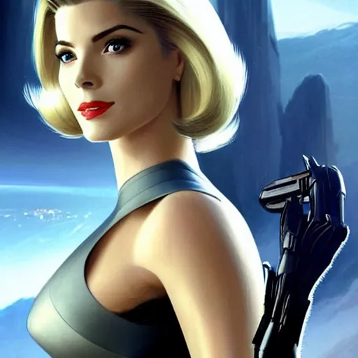 Image similar to A combination of Grace Kelly's and Ada Wong's and Ashley Greene's appearances with blonde hair wearing Forerunner armor from Halo, high tech, action shot, angular, full body portrait, futuristic, dramatic, fantasy, intricate, elegant, highly detailed, artstation, matte, sharp focus, 8K, art by Artgerm and Greg Rutkowski and Alphonse Mucha