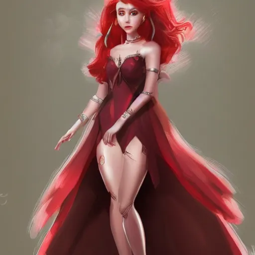 Image similar to a woman wearing a princess outfit, full body shot, red hair, highly detailed, digital painting, artstation, concept art, smooth, sharp focus, illustration