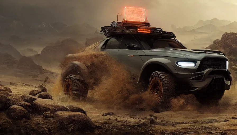 Prompt: an offroad concept suv designed by ram and ford, kingsman, artstation, an epic fantasy, cinematic lighting, hyper realistic, photographic, sharp focus, by greg rutkowski and wolp