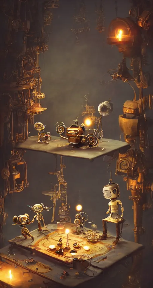 Prompt: a beautiful tapestry of a dream, a small robot playing a game, ultra detailed, atmospheric, steampunk, moody, candles, characters from machinarium, by don bluth, trending on artstation, octane render, 8 k, ultra realistic