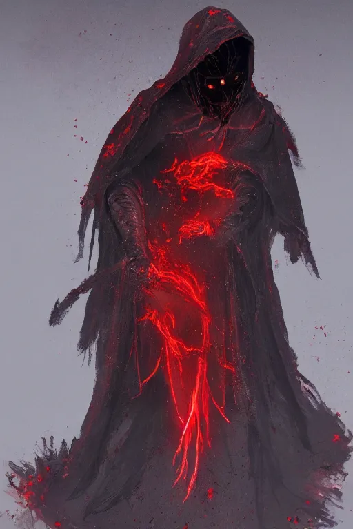 Image similar to a full body portrait of a mysterious samurai long hooded cloak, blood, auras, burning embers, by maciej kuciara and jason chan, ominous, cosmic horror, trending on artstation, ultra detailed, hyper realistic 4 k, volumetric light