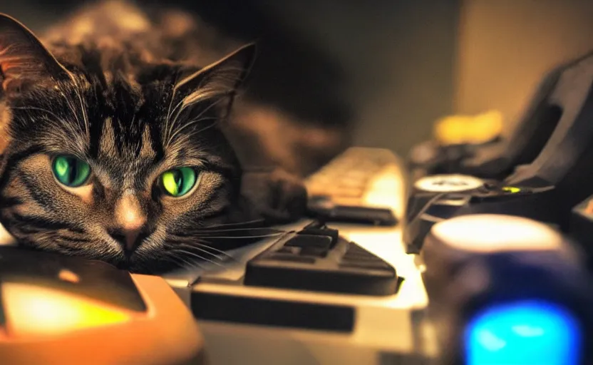 Image similar to a cat using a gaming computer, realistic, dark, rgb