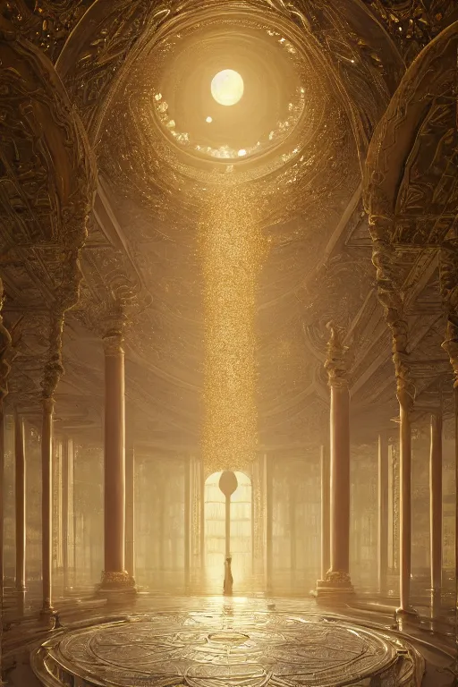 Prompt: vanishing point palace is like the kremlin covered with golden roses on a lake, viewed from afar, stephen bliss, misty, unreal engine, fantasy art by greg rutkowski, loish, ferdinand knab, and lois van rossdraws,, global illumination, radiant light, minimalist, detailed and intricate environment
