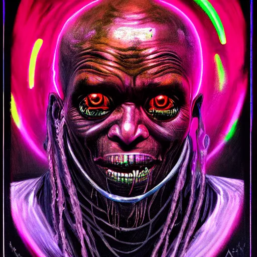 Image similar to a death tarot featuring a haitian voodoo priest with menacing eyes, blacklight neon colors, by anton semenov and android jones in cyberpunk voodoo style, oil on canvas, 8k