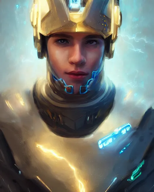 Image similar to portrait of handsome guy in cyber armor, dreamy and ethereal, expressive pose, gold eyes, resolute expression, fantasy, intricate, elegant, many lightning, cold color, highly detailed, digital painting, artstation, concept art, cyberpunk wearing, smooth, sharp focus, led, illustration.