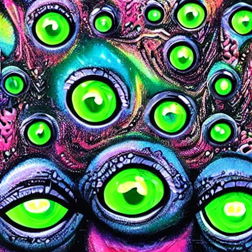 Prompt: the hills have eyes, oodles and oodles of eyes, soft bubbly oily eyes bouncing bounce, textured 3d acid art, cyber rave style,