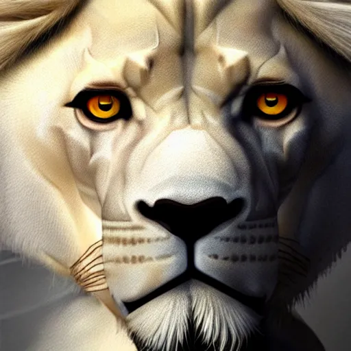 Prompt: an albino anthro lion holding a bow,dressed in leather armor,art by artgerm,photorealistic,highly detailed,8k,artstation,deviantart,detailed face