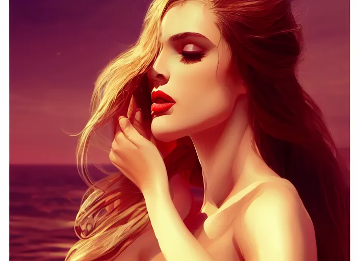 Prompt: woman love woman, sweet hugs, royal dress, gold trim, atmoshperic, elegant, sharp focus, sand sea, red sun, huge lips, by 3 8 0 light & color female reference pictures, trending on artstation, intricate details