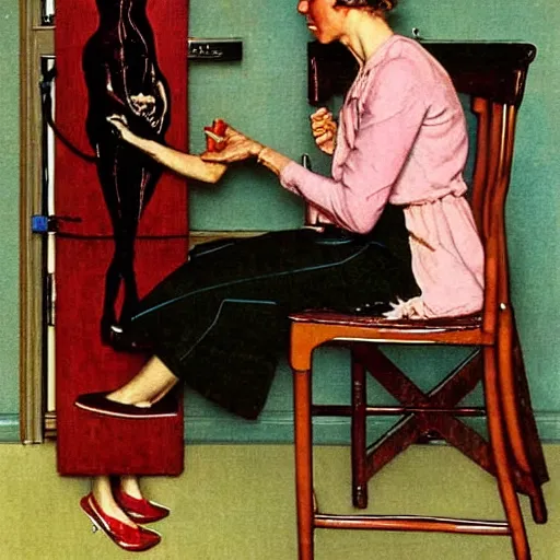 Prompt: A scientist presents the synthetic person she has just made. A painting by Norman Rockwell.