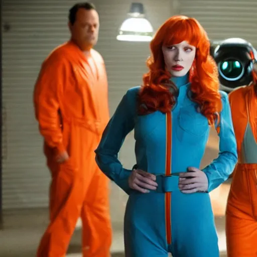 Image similar to vince vaughn as jack fenton, he is wearing an orange coveralls bodysuit with a big sci - fi gun belt, and christina hendricks as maddie fenton, she is wearing a tight teal coveralls bodysuit with a big sci - fi gun belt, movie photo, spooky netflix still shot, they are looking for ghosts