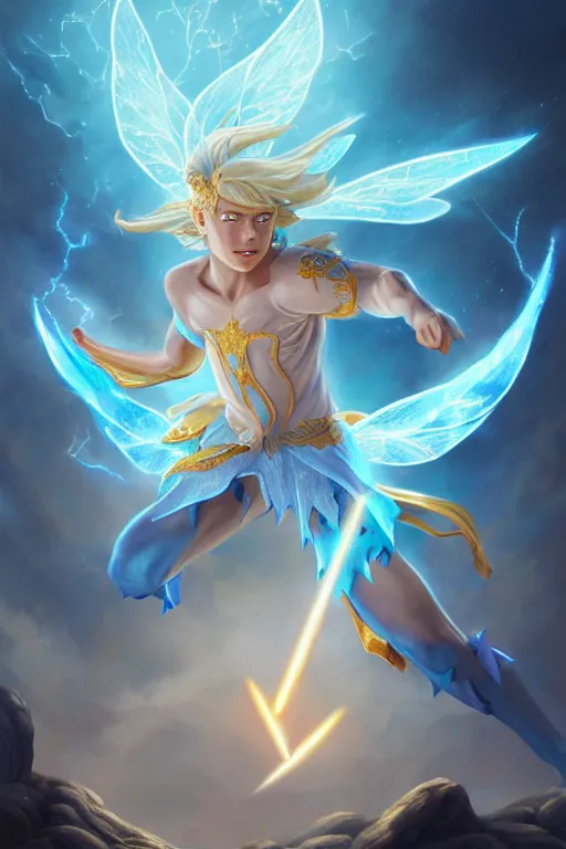 Image similar to legendary fairy prince casting a lightning spell,, lightning energy, blue energy, highly detailed, d & d, fantasy, highly detailed, digital painting, trending on artstation, concept art, sharp focus, illustration, global illumination, ray tracing, realistic shaded, art by artgerm and greg rutkowski and fuji choko and viktoria gavrilenko and hoang lap