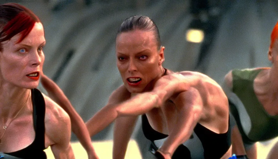Prompt: The matrix, LeeLoo, Starship Troopers, Clarice Starling, The Olympics footage, hurdlers in a race, intense moment, cinematic stillframe, shot by Roger Deakins, The fifth element, vintage robotics, formula 1, starring Geena Davis, clean lighting