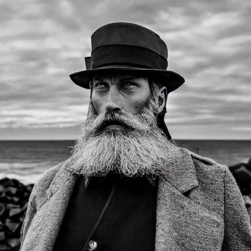 Image similar to Live Action Still of Jerma985 in a film as a Lighthouse Keeper with an overcoat, hat, and beard, black and white, hyperrealistic, ultra realistic, realistic, highly detailed, epic, HD quality, 8k resolution, body and headshot, film still