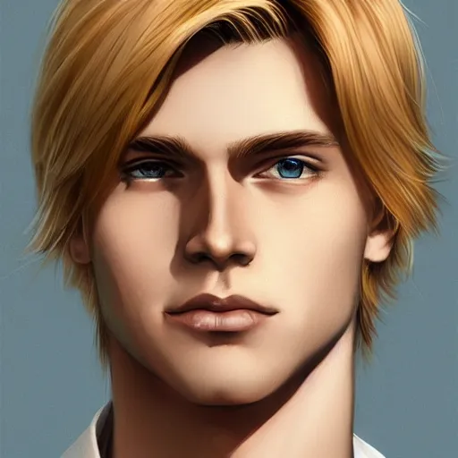 Prompt: a young blond man with long hair wearing a brown shirt, clean shaved, a character portrait by lydia field emmet, trending on cg society, photorealism, wiccan, handsome, ilya kuvshinov