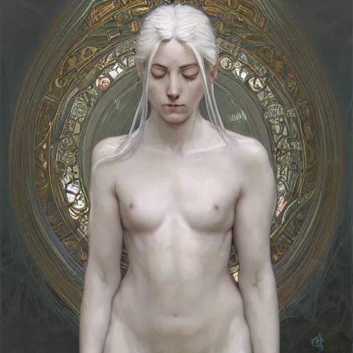 Image similar to portrait of a beautiful ethereal delicate roman catholic bishopress meditative sacral pose catholic stages of the cross, white hair, intricate, elegant, highly detailed, digital painting, artstation, concept art, smooth, sharp focus, illustration, art by krenz cushart and artem demura and alphonse mucha