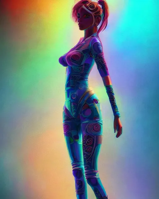 Image similar to colorful 3 / 4 body shot of a female hippie, set in the future 2 1 5 0 | highly detailed | very intricate | symmetrical | professional model | cinematic lighting | award - winning | painted by mandy jurgens and ross tran | pan futurism, dystopian, bold psychedelic colors, cyberpunk, groovy vibe, anime aesthestic | featured on artstation