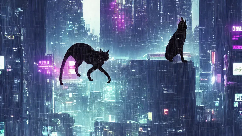 Image similar to a cyberpunk cat on a hill looking to a cyberpunk city wallpaper