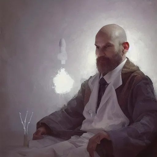 Image similar to fox foxman wearing a doctor outfit holding glowing test tubes by ruan jia, portrait