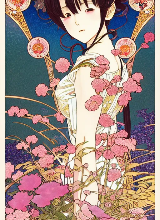 Prompt: exquisite imaginative manga poster art of keqing, genshin impact, flowers, pearlescent, shimmering, reflective, rim light, detailed background, by kojima ayami, akihiko yoshida, minaba hideo, alphonse mucha, art nouveau, illustration, artstation, concept art, highly detailed, colorful, maximalist