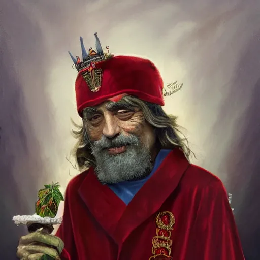 Image similar to stoner King Tommy Chong wears a doublet whilst wearing a red velvet cape and OG Kush Indica cannabis crown alexanre benois edward julius detmold jehan choo jeff simpson raphael lacoste guillem h. pongiluppi grisaille