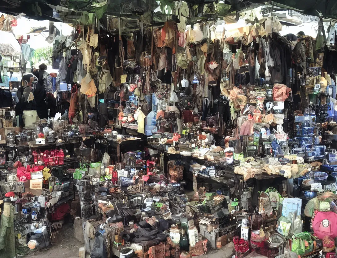 Image similar to market stall in Mordor. An orc selling dark toiletries and body parts