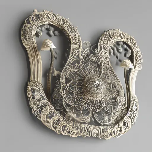 Image similar to wide symmetrical art nouveau wall light with filigree faberge orchid betta spiral mushrooms forest organic natural forms designed by giger, white 3 d print, 8 k, octane render
