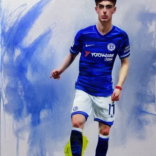 Image similar to attractive kai havertz wearing blue chelsea shirt by ruan jia, portrait