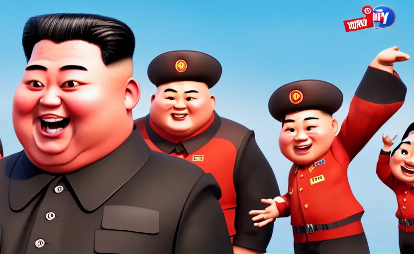Prompt: very cute happy kim jong un, red button, disney pixar character concept artwork, 3 d concept, fortnite character, high detail iconic character for upcoming film, 8 k octane render