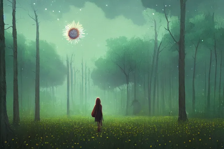 Image similar to giant daisy flower as face, girl walking in forest, surreal photography, dark night, stars, moon light, impressionist painting, clouds, digital painting, artstation, simon stalenhag