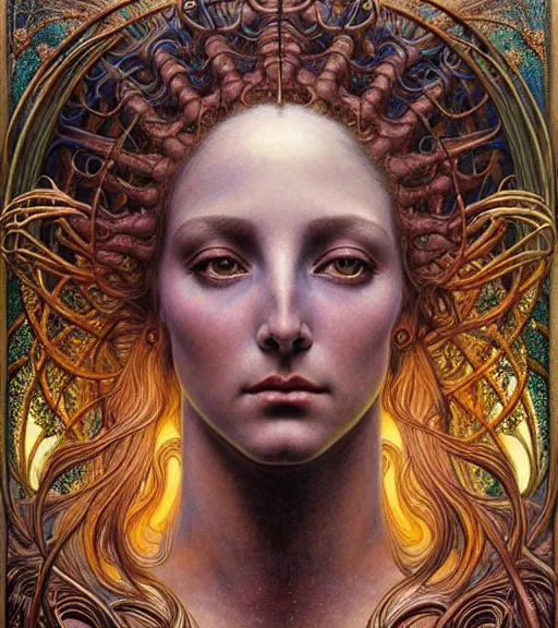 Prompt: detailed realistic beautiful young cher queen of mars portrait by jean delville, gustave dore and marco mazzoni, art nouveau, symbolist, visionary, baroque, iridescent fractal details. horizontal symmetry by zdzisław beksinski, iris van herpen, raymond swanland and alphonse mucha. highly detailed, hyper - real, beautiful