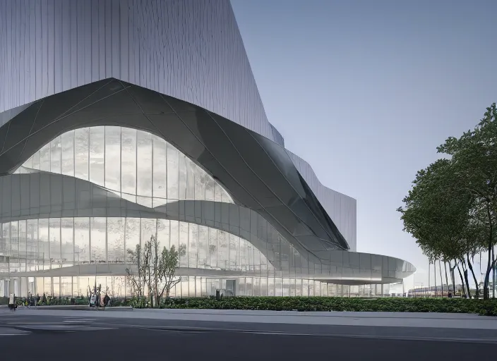 Prompt: mercedes exhibition center exterior designed by gensler, fosters, photorealistic octane render 8 k, 2 8 mm