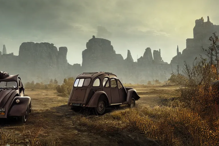 Image similar to offroad citroen 2 cv ( 1 9 6 5 ) of daedric design driving across the rift, daedric axe stored on the side of the car, leather and cloth traveller backpacks on roof, riften city in the background, epic fantasy, autumn, the elder scrolls v : skyrim, dramatic lighting, establishing shot, by simon stalenhag