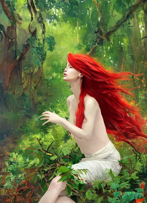 Prompt: full body portrait of a beautiful woman with fire red flowing hair, her pale body loosely clothed in vines, sitting on a bench, leaning backwards, dense foliage in the background, by Jeremy Mann, vivid colors, green hue, stylized, detailed, loose brush strokes