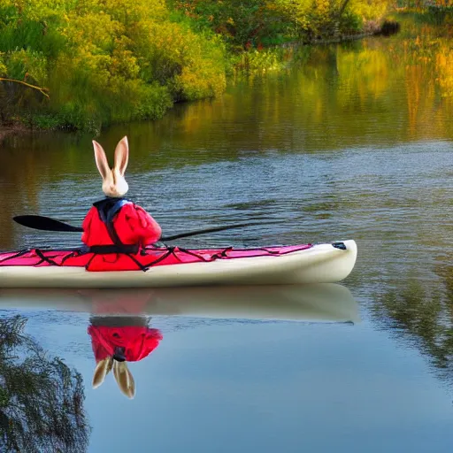 Prompt: a rabbit posing with a kayak next to a calm swedish river, 4k photorealistic