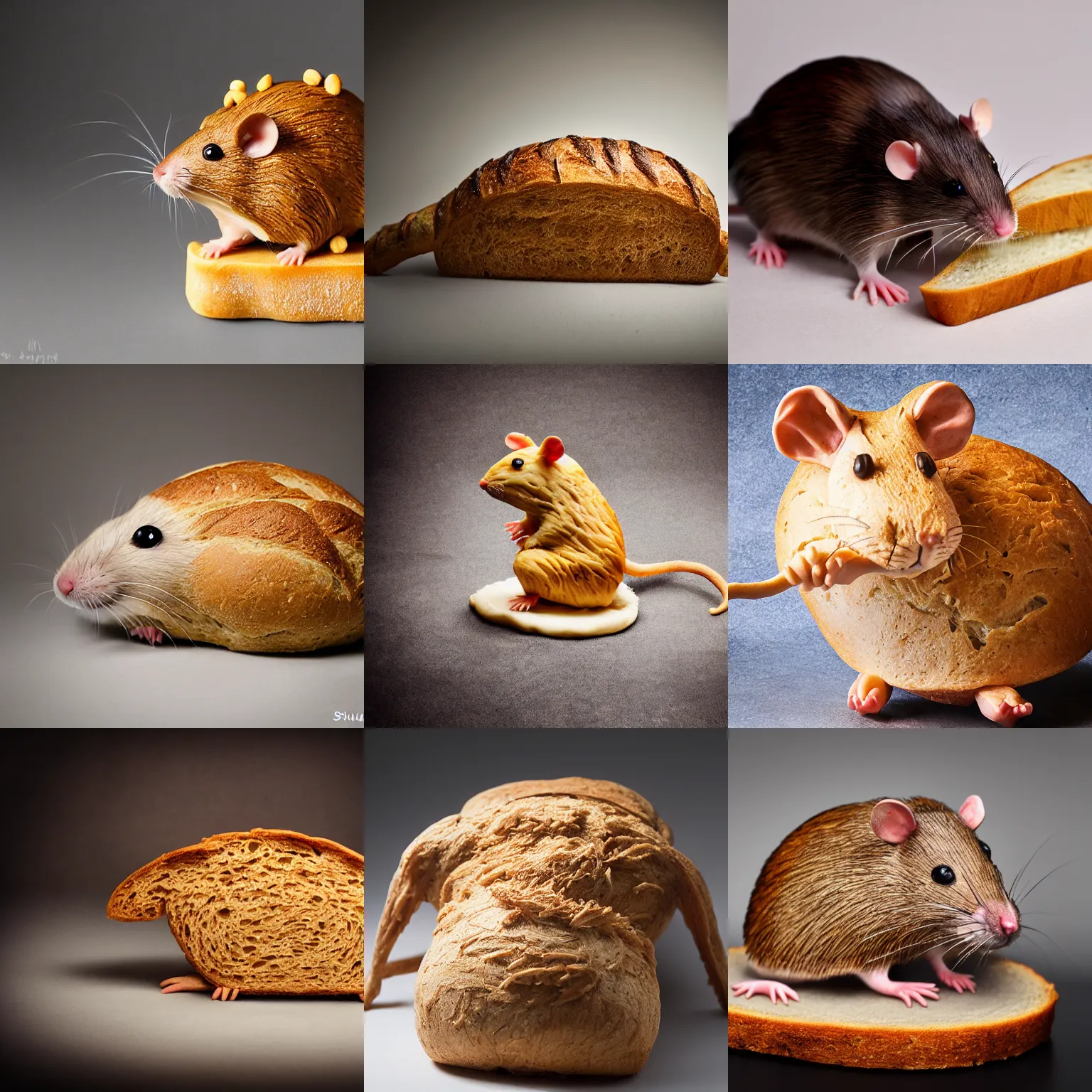 Prompt: a rat!!! sculpture made entirely out of ( ( ( bread ) ) ), food photography, studio lighting, delicious