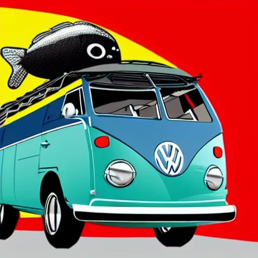 Image similar to a caricature drawing of a vw volkswagen bus, camper, bulli, type - 2, microbus, kombi, flying towards the camera, jumping at the viewer, dynamic action shot, fish - eye lense, frontal, a vulcano is erupting in the background