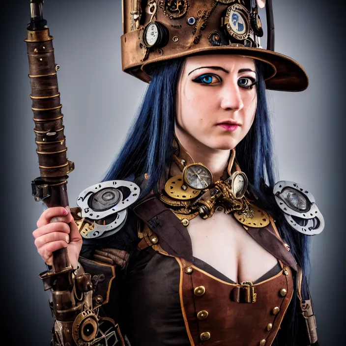 Prompt: professional photograph of a beautiful! female steampunk warrior. Extremely detailed. 8k