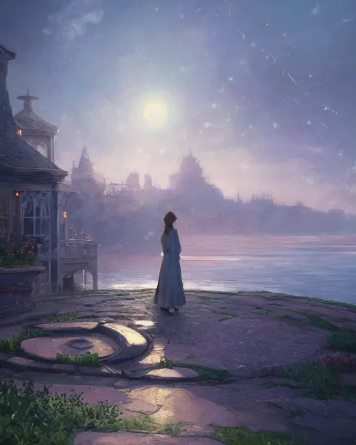 Prompt: over the shoulder landscape painting of violet evergarden, behind are distant lights from an old european city, next to the reflecting ocean, nighttime, long hair, by Philipp A. Urlich and Pengzhen Zhang and Andreas Rocha, fantasy, intricate, elegant, highly detailed, digital painting, artstation, blender, unreal engine 5, octane render, smooth, sharp focus, illustration