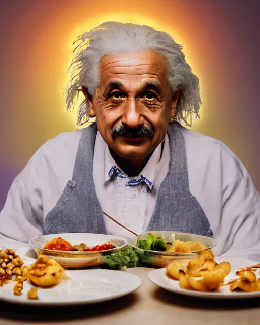 Prompt: A photo of Albert Einstein eating panipuri, highly detailed, trending on artstation, bokeh, 90mm, f/1.4