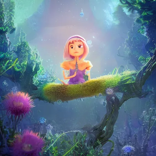 Image similar to tiny witch, vegetation, expressive eyes, floating, rbc, radiolaria, protophyta, micro - organisms, center frame, symmetric, rim light, marine microbiology, bioluminescence, electric, fur, soft, concept art, intricate details, highly detailed, colorful, photorealistic, disney pixar, octane render, iridescent, anime, 8 k