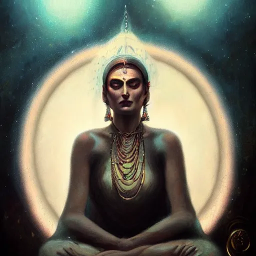 Image similar to old Indian majestic lady, looking upwards, meditation, despair, mystic, by Anato Finnstark, Tom Bagshaw, Brom