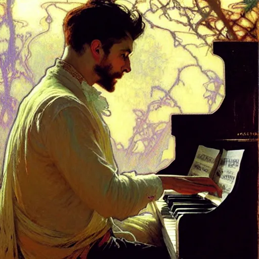 Image similar to attractive man, playing piano, painting by gaston bussiere, craig mullins, greg rutkowski, alphonse mucha