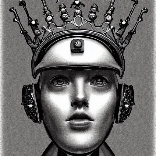 Prompt: a portrait of a robot with a crown of laurels drawing in high resolution by otto eerelman