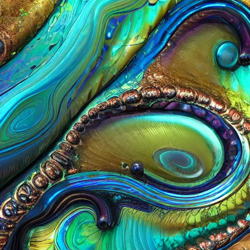 Image similar to Art Nouveau cresting oil slick waves, hyperdetailed bubbles in a shiny iridescent oil slick wave, ammolite, detailed giant opalized ammonite shell, black opal, abalone, paua shell, ornate copper patina medieval ornament, rococo, oganic rippling spirals, octane render, 8k 3D