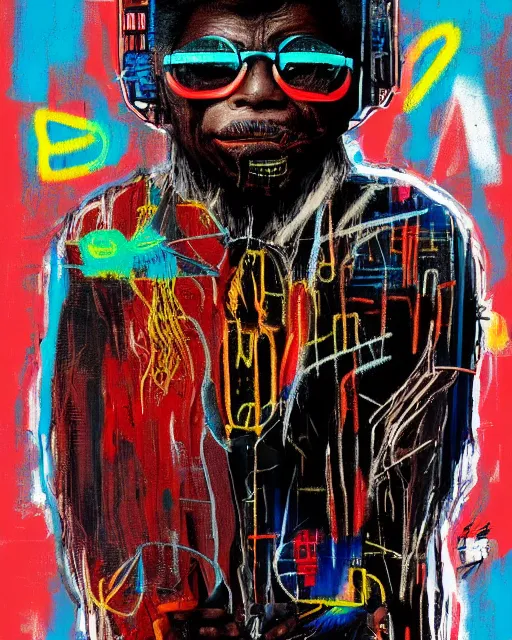 Prompt: a cyberpunk portrait of big foot by jean - michel basquiat, by hayao miyazaki by artgerm, highly detailed, sacred geometry, mathematics, snake, geometry, cyberpunk, vibrant, water