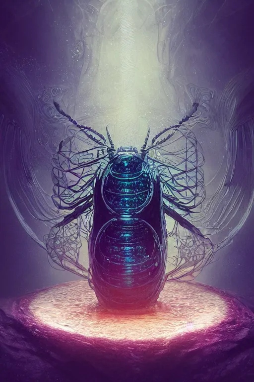 Prompt: a photo of an ancient futuristic insect with digital modifications surrounded by a underwater ink pour and flowing liquid gallium and complex sacred geometry, powerful, cinematic, beautifully lit, by john howe, by beeple, by artgerm, by karol bak, by brian froud, 3 d, trending on cgsociety, octane render, 8 k