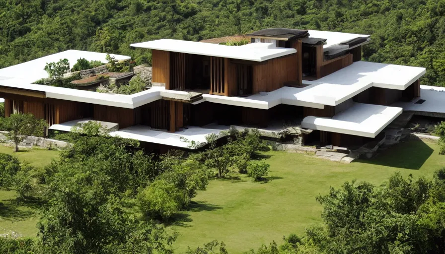 Image similar to villa inspired by tibetan architecture, on a green hill, overlooking a valley with trees, frank lloyd wright, zaha hadid, le corbeusier, photorealistic, birds eye view