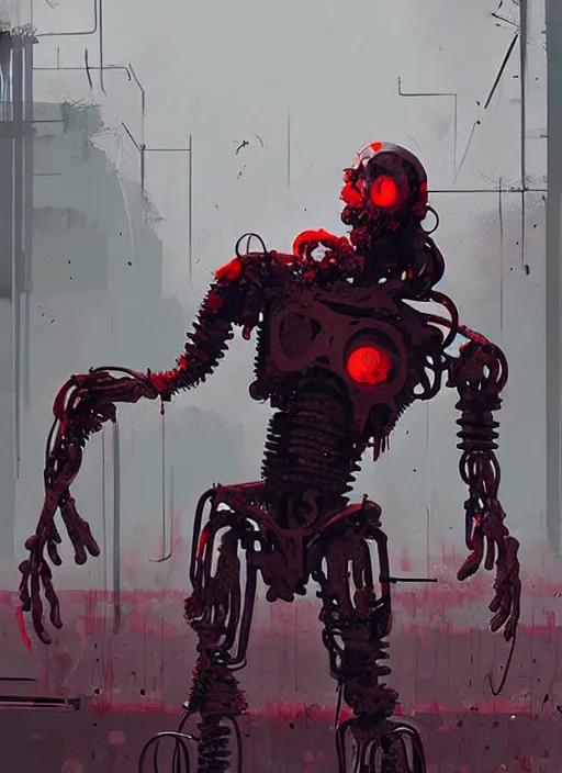 Prompt: horror art, cyborg made of human meat pieces, grey assembly line in the background, art by ismail inceoglu