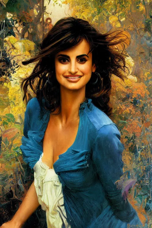 Prompt: a painting of penelope cruz,, 4k resolution, ultra detailed, style of John Berkey, Norman Rockwell, Hans Thoma, Ivan Shishkin, Tyler Edlin, Thomas Kinkade