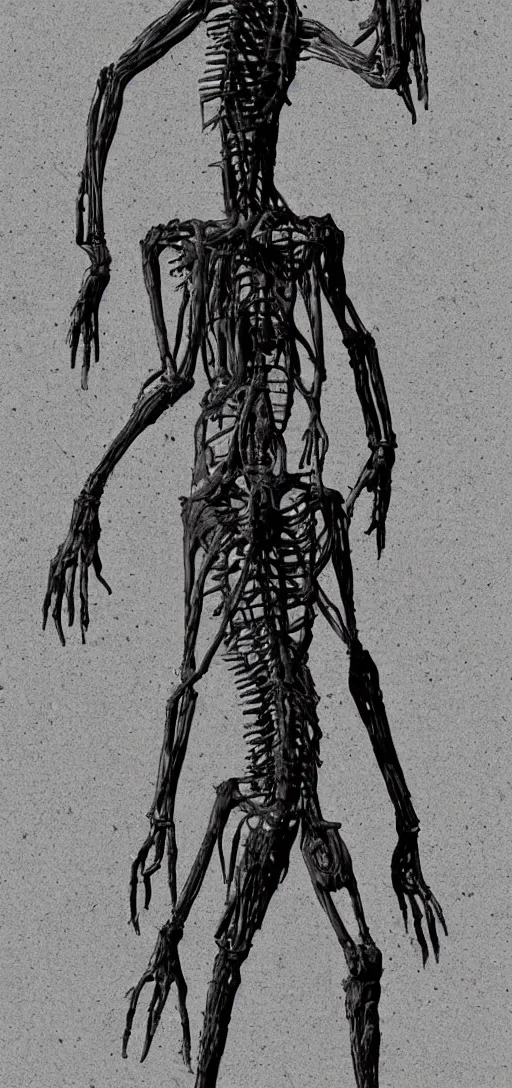 Image similar to creepy long humanoid with steel parts extending from its body at random points, body horror, scary, dark, creepy